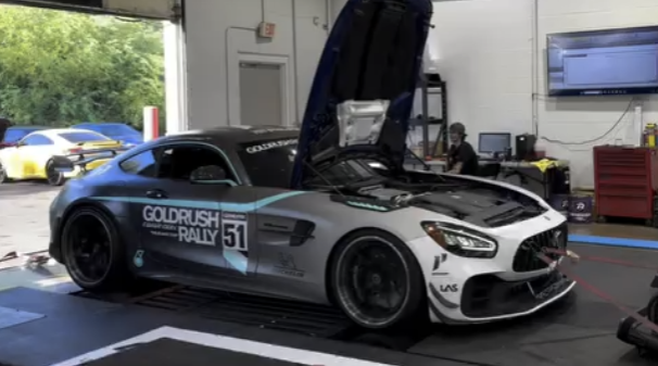 AMG GT strapped to a dyno during ECU tuning session to increase horsepower, torque, and throttle response