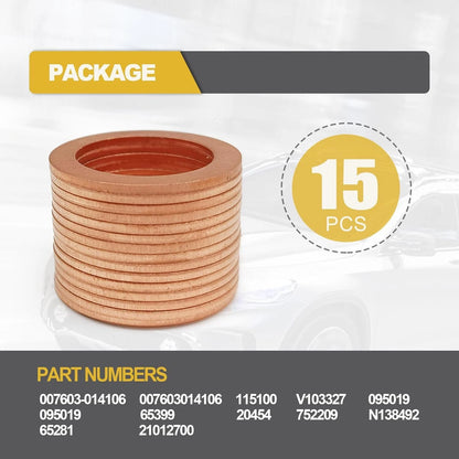 15-piece copper oil drain gasket set with compatible OEM part numbers listed