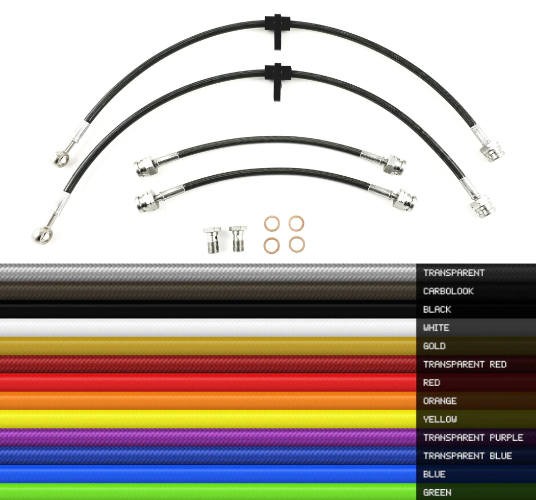 Complete stainless steel braided brake line upgrade kit with color options for the 1998–2002 Mercedes W210 E55 AMG
