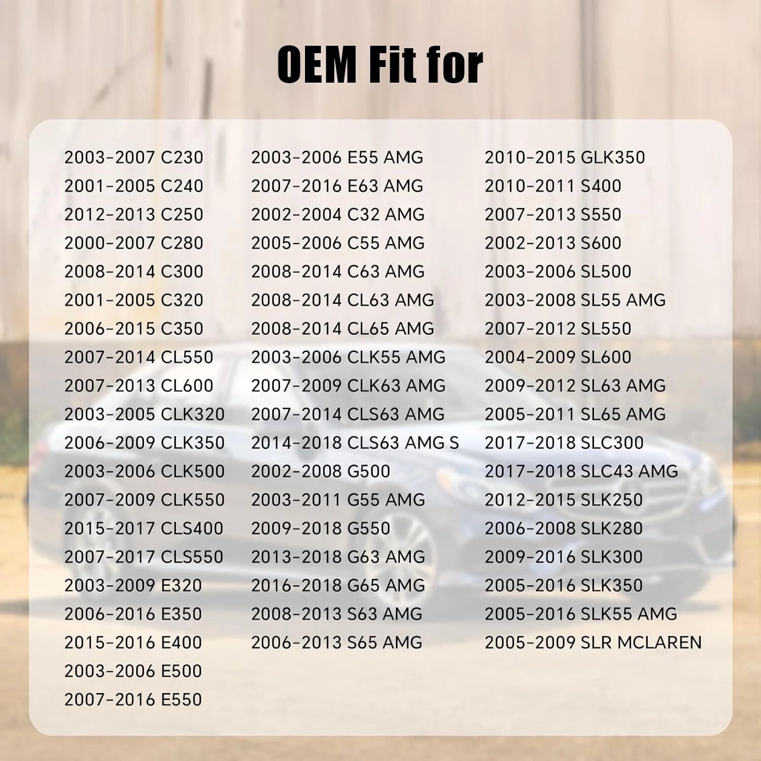 Fitment chart for gas cap 2214700605 covering Mercedes C230, C280, C300, C350 and SLK280, 2000 to 2015