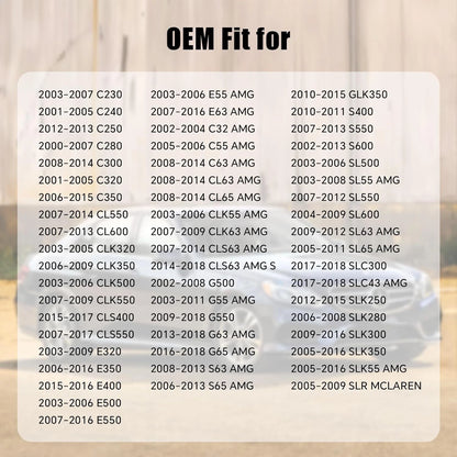 Fitment chart for gas cap 2214700605 covering Mercedes CLS400, E400, SLC300 and SLC43 AMG, 2015 to 2018