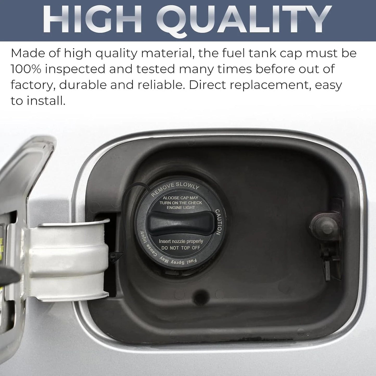 Replacement gas cap 2214700605 fitted in the open fuel door of a 2015-2018 Mercedes CLS400 or E400