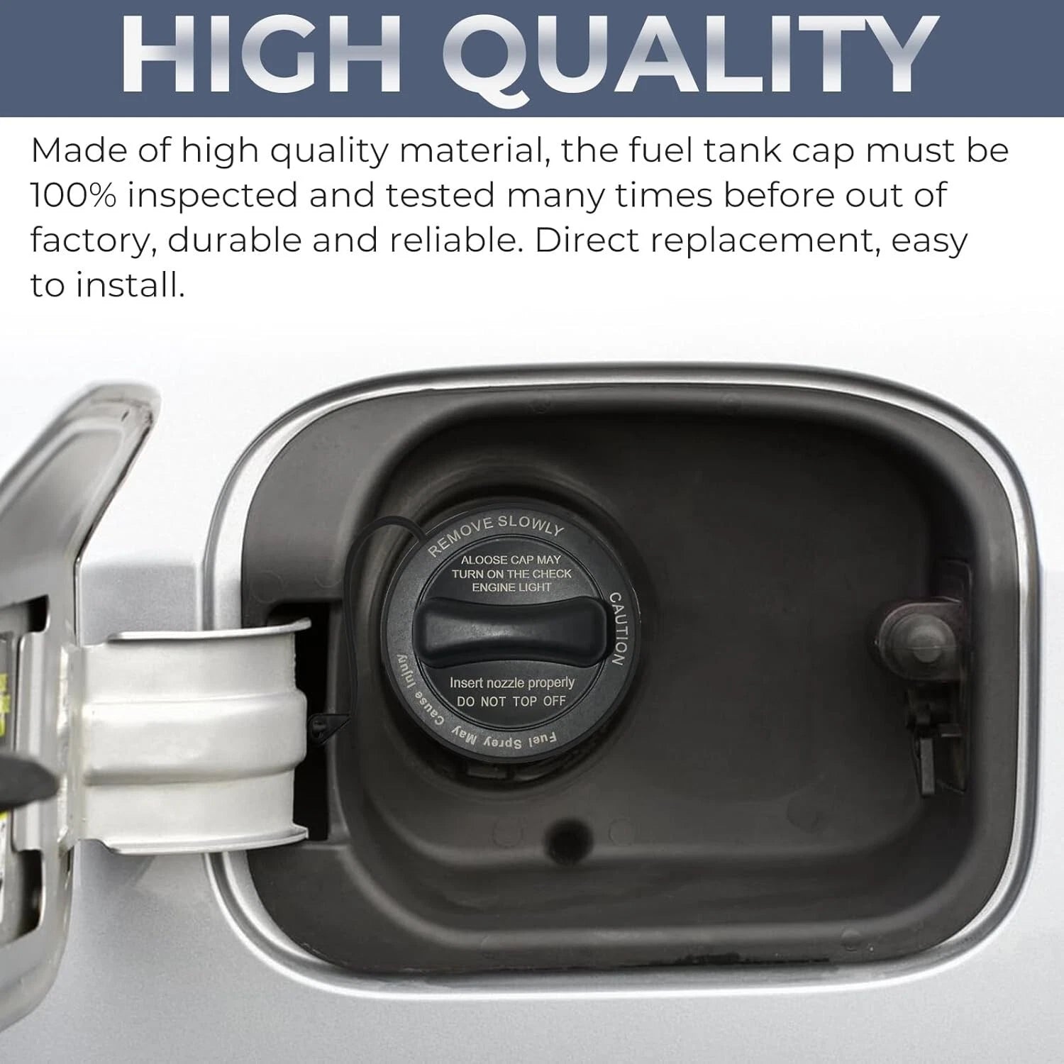 Replacement gas cap 2214700605 fitted in the open fuel door of a 2015-2018 Mercedes CLS400 or E400
