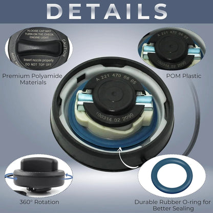 Gas cap 2214700605 for 2015-2018 Mercedes CLS400 and SLC43 AMG: polyamide body, POM core, rubber O-ring seal