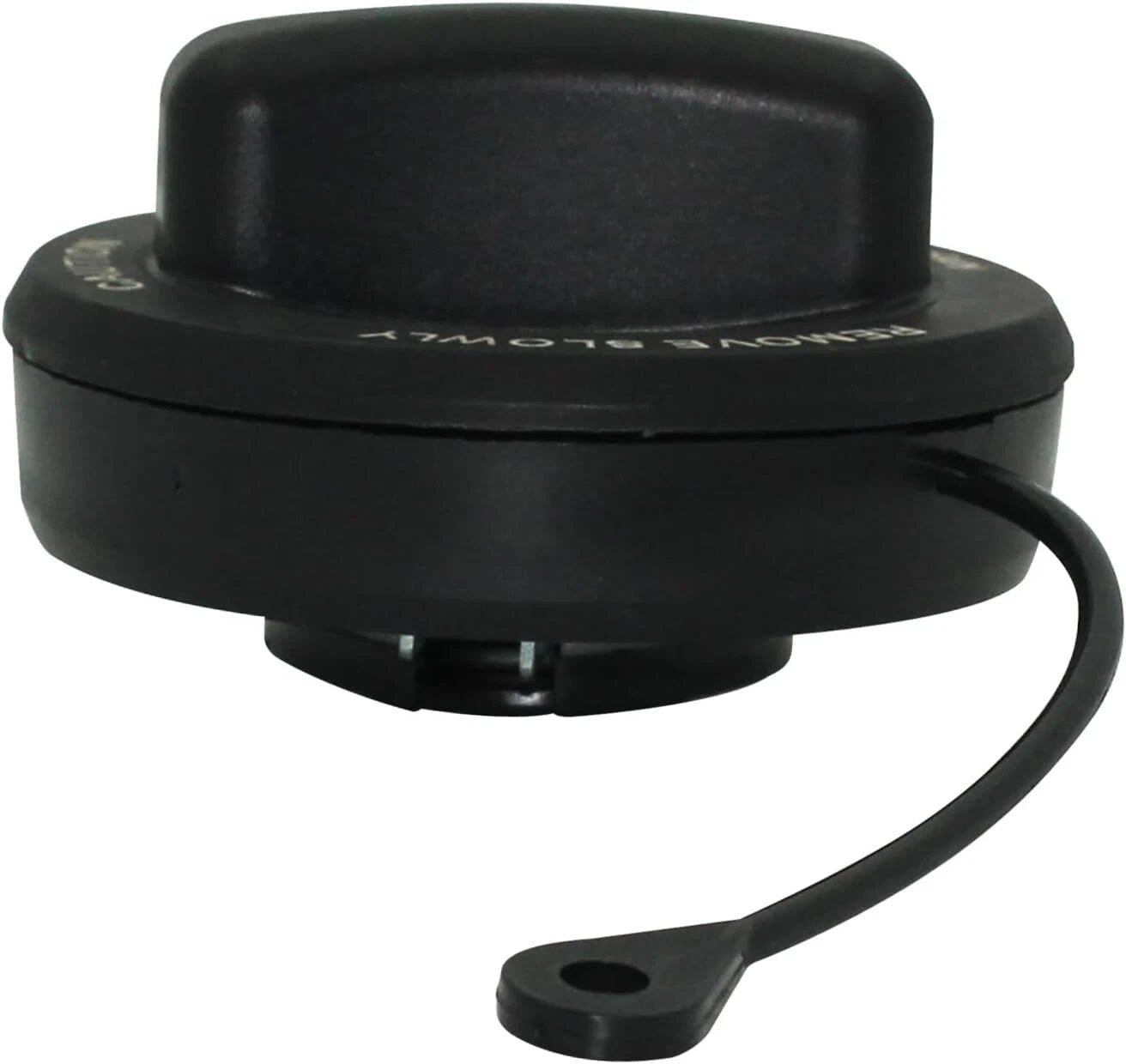 Side profile of the replacement gas cap for a 2015-2018 Mercedes CLS400 or E400, showing the moulded tether and rim text