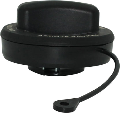 Side profile of the replacement gas cap for a 2015-2018 Mercedes CLS400 or E400, showing the moulded tether and rim text