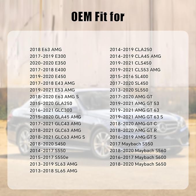 Fitment chart for gas cap 2224700205 covering 2017-2023 Mercedes E300, E350, E400, E43, E450, E53 and E63 AMG S