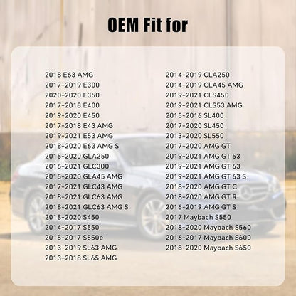 Fitment chart for gas cap 2224700205 covering 2017-2023 Mercedes E300, E350, E400, E43, E450, E53 and E63 AMG S