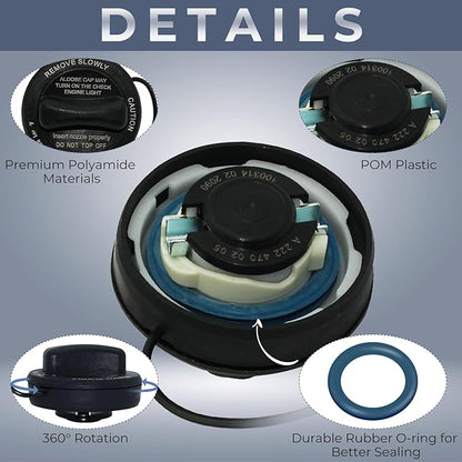 Gas cap 2224700205 for 2017-2023 Mercedes E300 and E43 AMG: polyamide body, POM plastic core, rubber O-ring seal