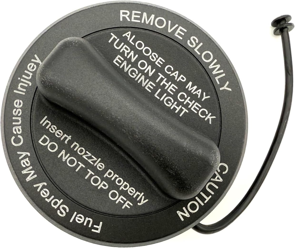 Top of gas cap 2224700205 for a 2017-2023 Mercedes E300 or E350, with moulded REMOVE SLOWLY and check engine warning