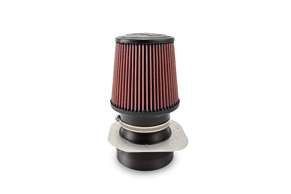 High-flow 4 inch M133 intake system for Mercedes CLA45 and GLA45 AMG featuring K&N performance filter, tube, and laser-cut aluminum flange