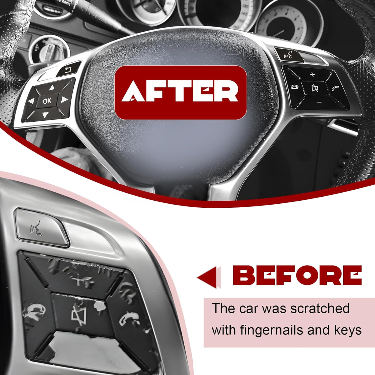 Mercedes steering wheel button trim overlay pieces shown in detail, ABS plastic with pre-applied adhesive backing