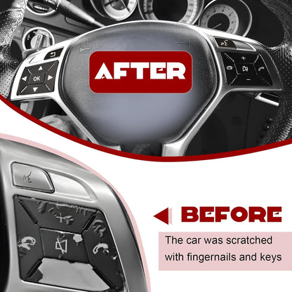 Mercedes steering wheel button trim overlay pieces shown in detail, ABS plastic with pre-applied adhesive backing