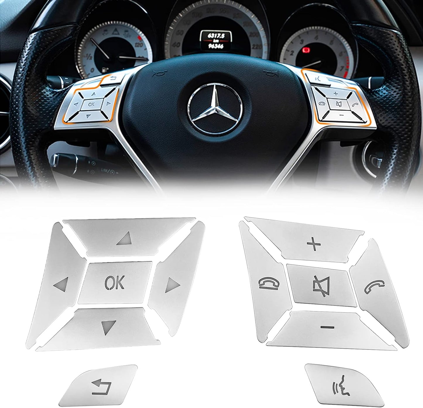 Silver Mercedes steering wheel button trim stickers — full overlay set