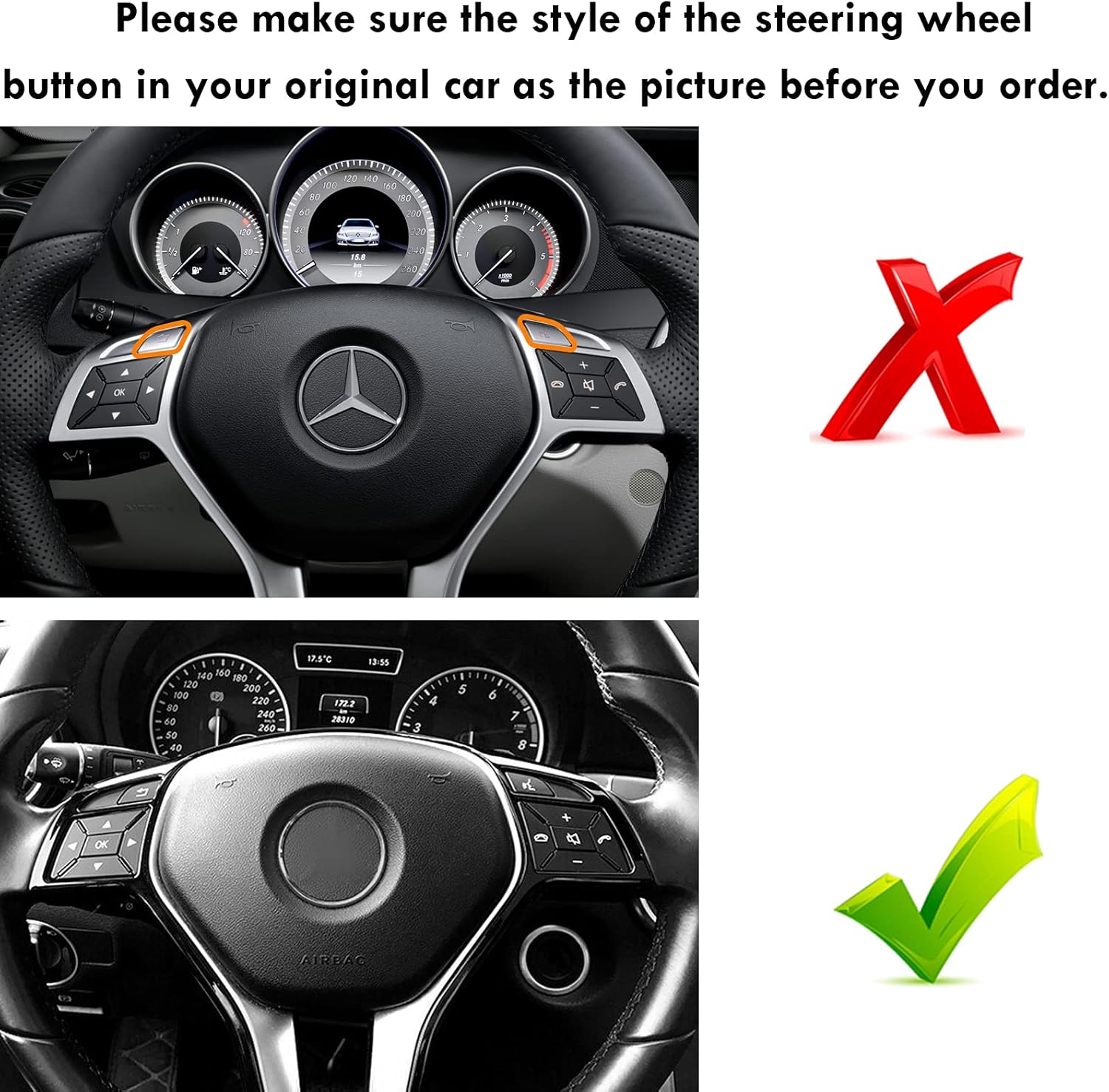 Silver Mercedes steering wheel button trim stickers — close-up of installed overlays