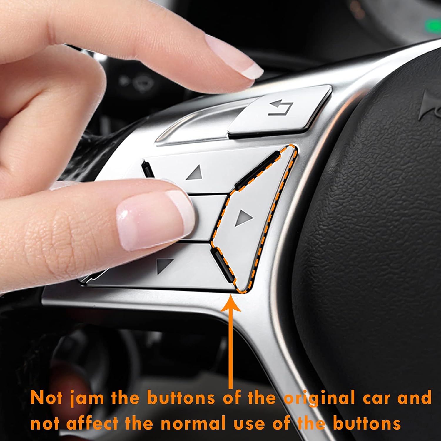 Silver Mercedes steering wheel button trim stickers — fitted to steering wheel controls