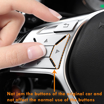 Silver Mercedes steering wheel button trim stickers — fitted to steering wheel controls