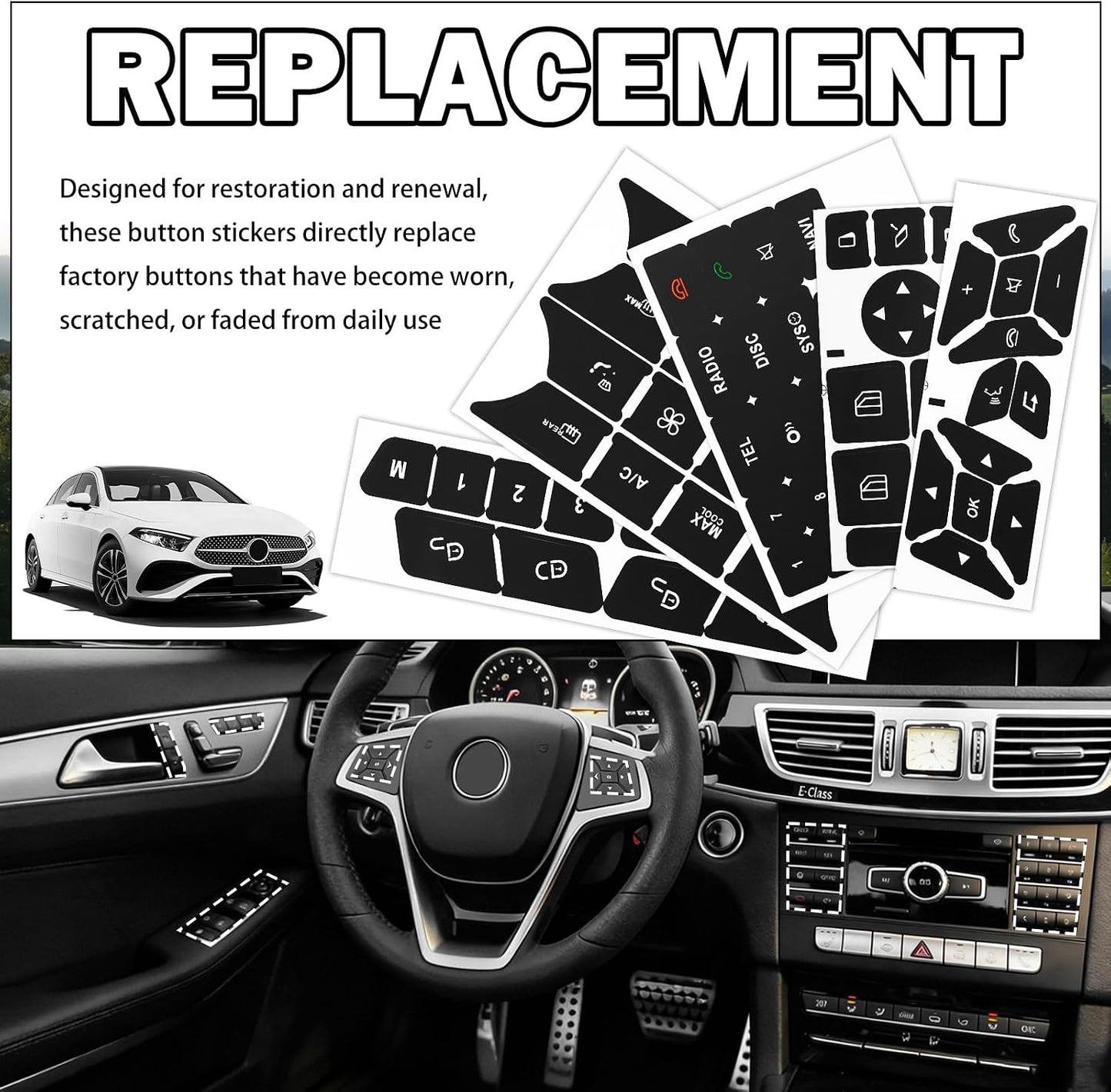 Mercedes Dashboard Button Repair Stickers Kit - Restore Faded Climate Radio Window Controls W204 W212 W205 CLA CLS GLC GLK