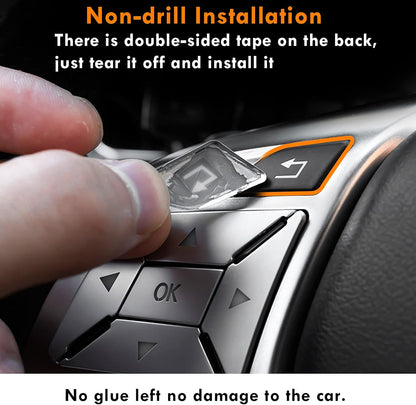 Silver Mercedes steering wheel button trim stickers — overlay detail
