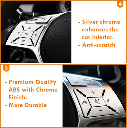 Silver Mercedes steering wheel button trim stickers — finish and texture detail