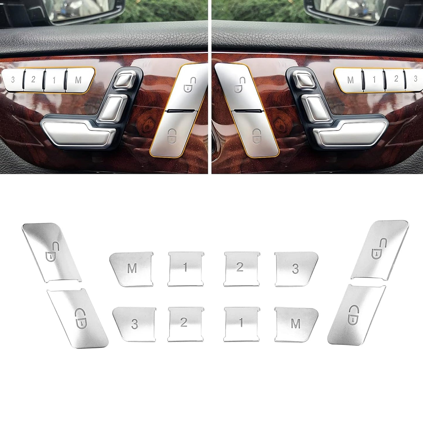 Mercedes W204 Door Lock Unlock Seat Memory Button Trim Covers -  Silver (12pcs)