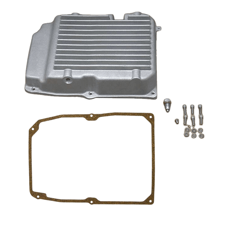 722.6 transmission pan upgrade kit including aluminum pan, gasket, mounting bolts, and magnetic drain plug