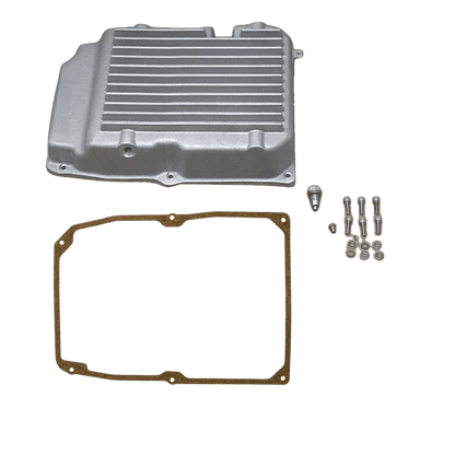 722.6 transmission pan upgrade kit including aluminum pan, gasket, mounting bolts, and magnetic drain plug