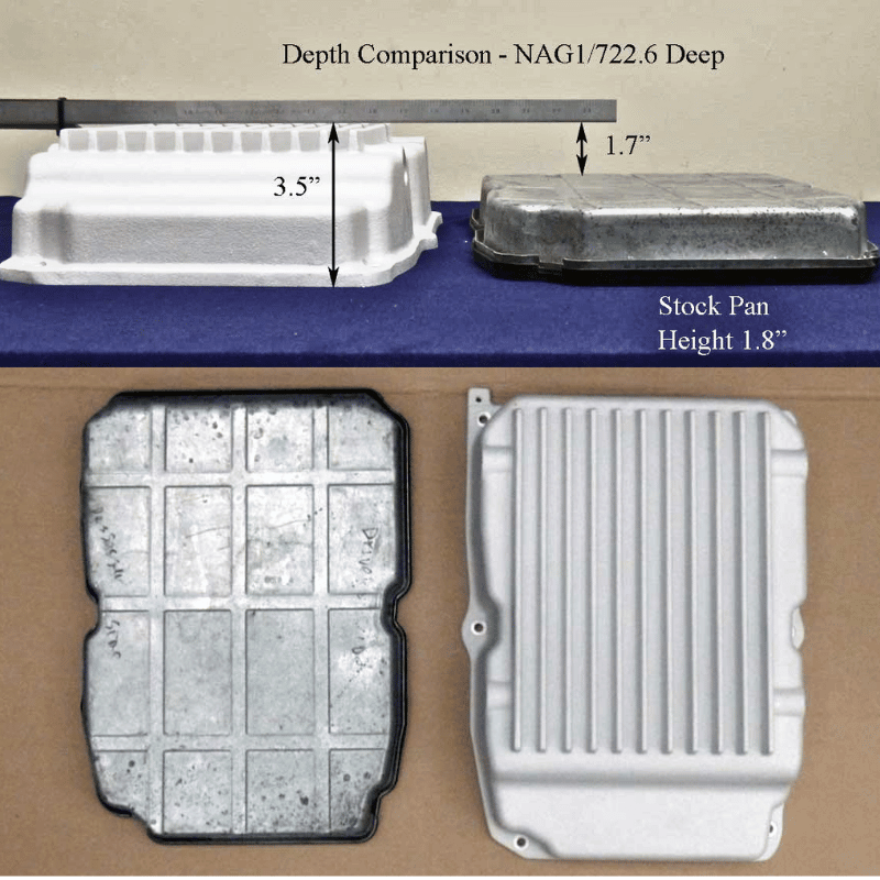 Comparison of OEM 722.6 transmission pan versus upgraded aluminum pan for AMG 55 models