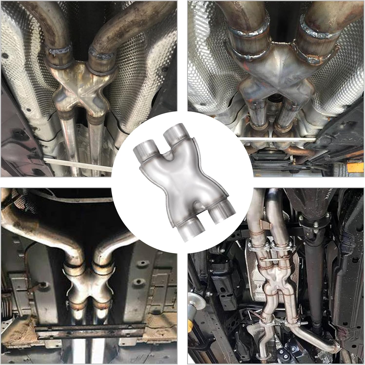 2.25 inch X-pipe installed examples undercarriage, universal dual-exhaust crossover