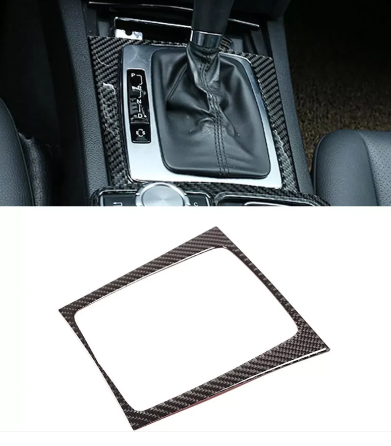 Carbon fiber style armrest and console lid covers for a Mercedes W204 C-Class / X204 GLK interior