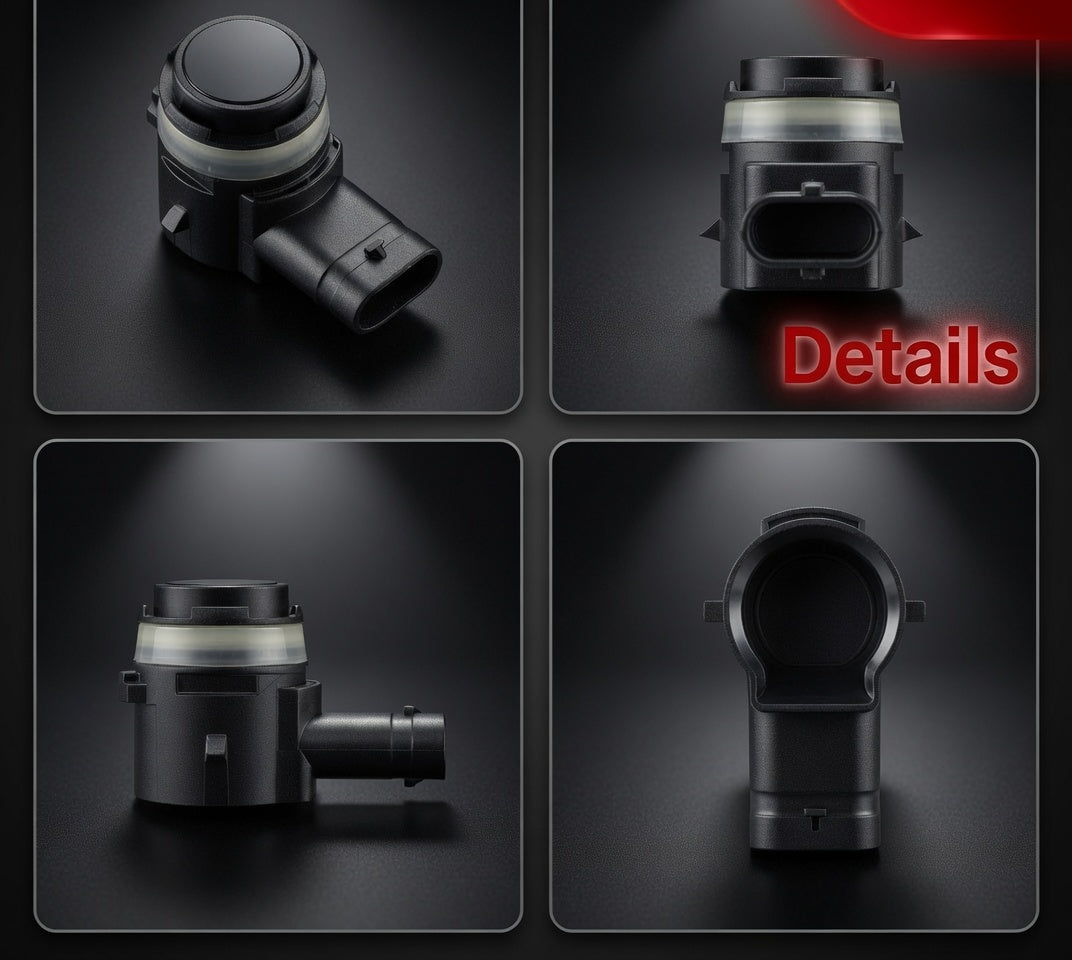 Multiple angles of A0009055504 Mercedes parking sensor showing connector and housing