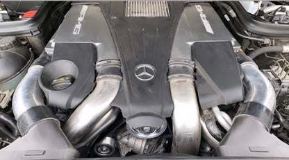 Mercedes AMG M157 engine with upgraded billet aluminum pulley set for improved performance and durability