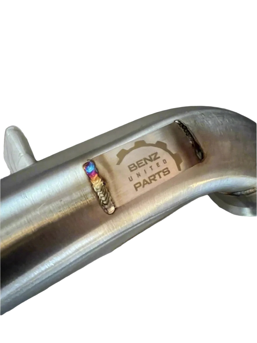 Identification plate detail on stainless steel downpipes for Mercedes AMG M177