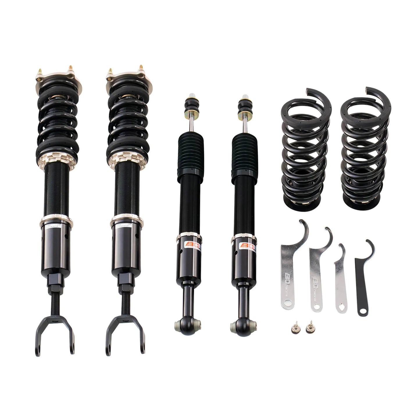 BC Racing BR Series coilover kit for Mercedes W211 E-Class and W219 CLS-Class shown with springs, dampers, and hardware