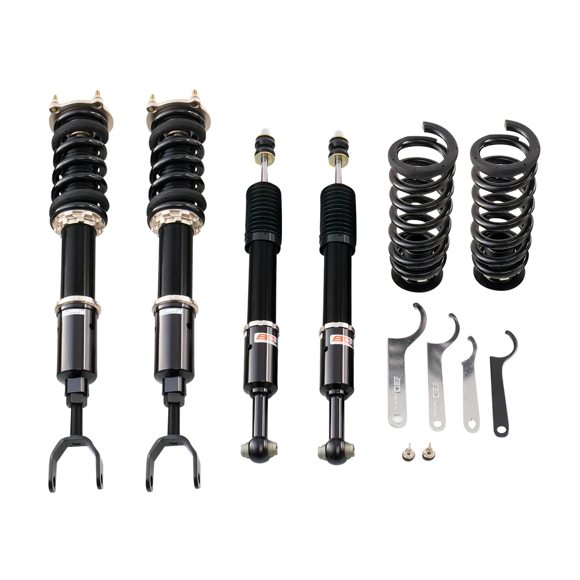 BC Racing BR Series coilover kit for Mercedes W211 E-Class and W219 CLS-Class shown with springs, dampers, and hardware