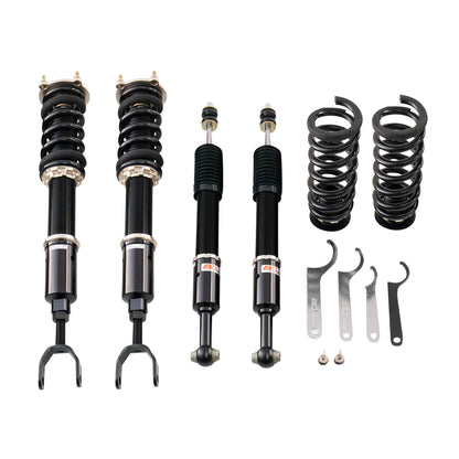 BC Racing BR Series coilover kit for Mercedes W211 E-Class and W219 CLS-Class shown with springs, dampers, and hardware