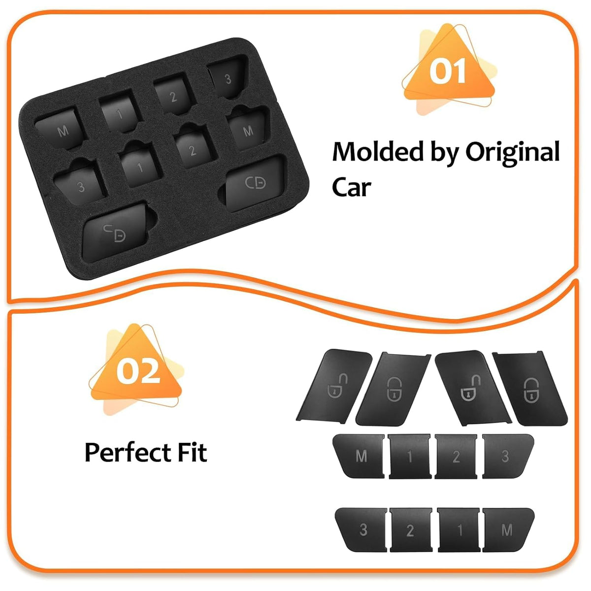 Black button covers shown molded to match the original Mercedes door switch shapes