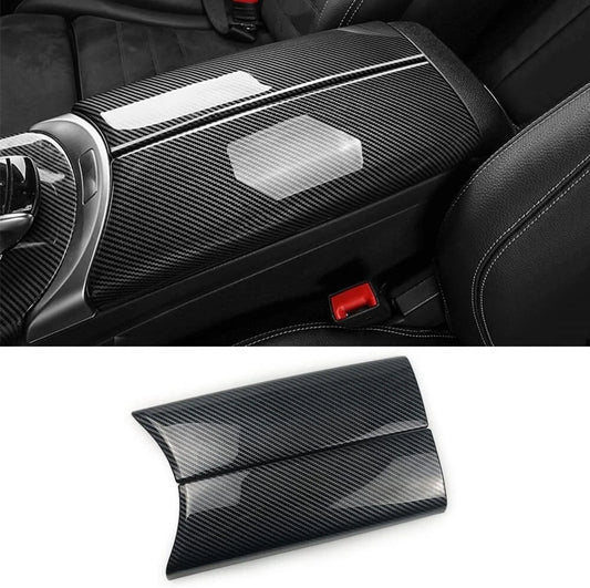 BenzUnited Parts carbon fiber armrest cover installed Mercedes C-Class W205 C300 C350e C400 and GLC X253 GLC300 GLC350e center console lid protector 2015-2021