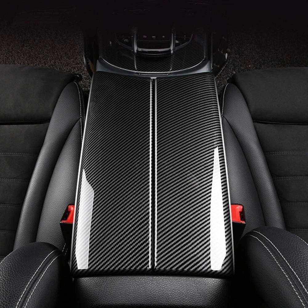 BenzUnited Parts carbon fiber center console armrest cover loose product shot for Mercedes W205 C-Class C300 and X253 GLC300 high-gloss protector