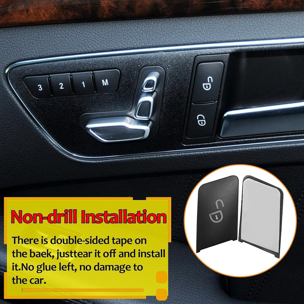 Black button cover being peeled and pressed onto a Mercedes door switch, no tools needed