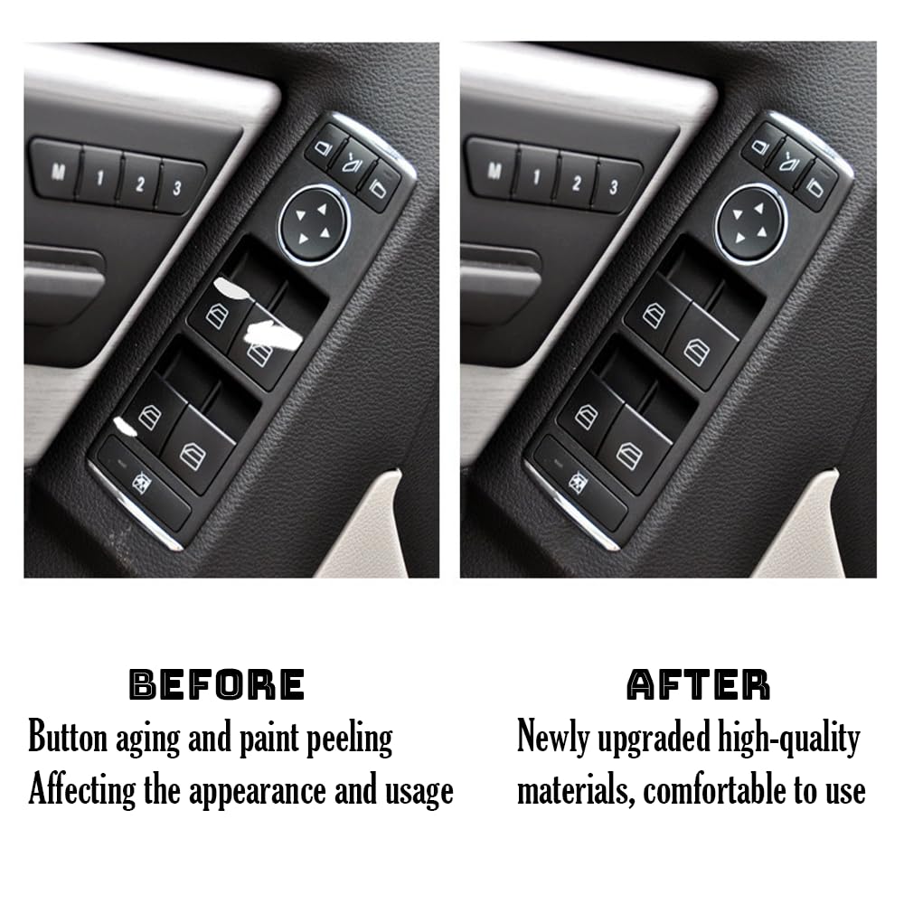 BenzUnited Parts Mercedes door switch button trim cover before and after installation upgrade for W204 C-Class W212 E-Class interior