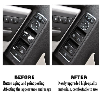 BenzUnited Parts Mercedes door switch button trim cover before and after installation upgrade for W204 C-Class W212 E-Class interior