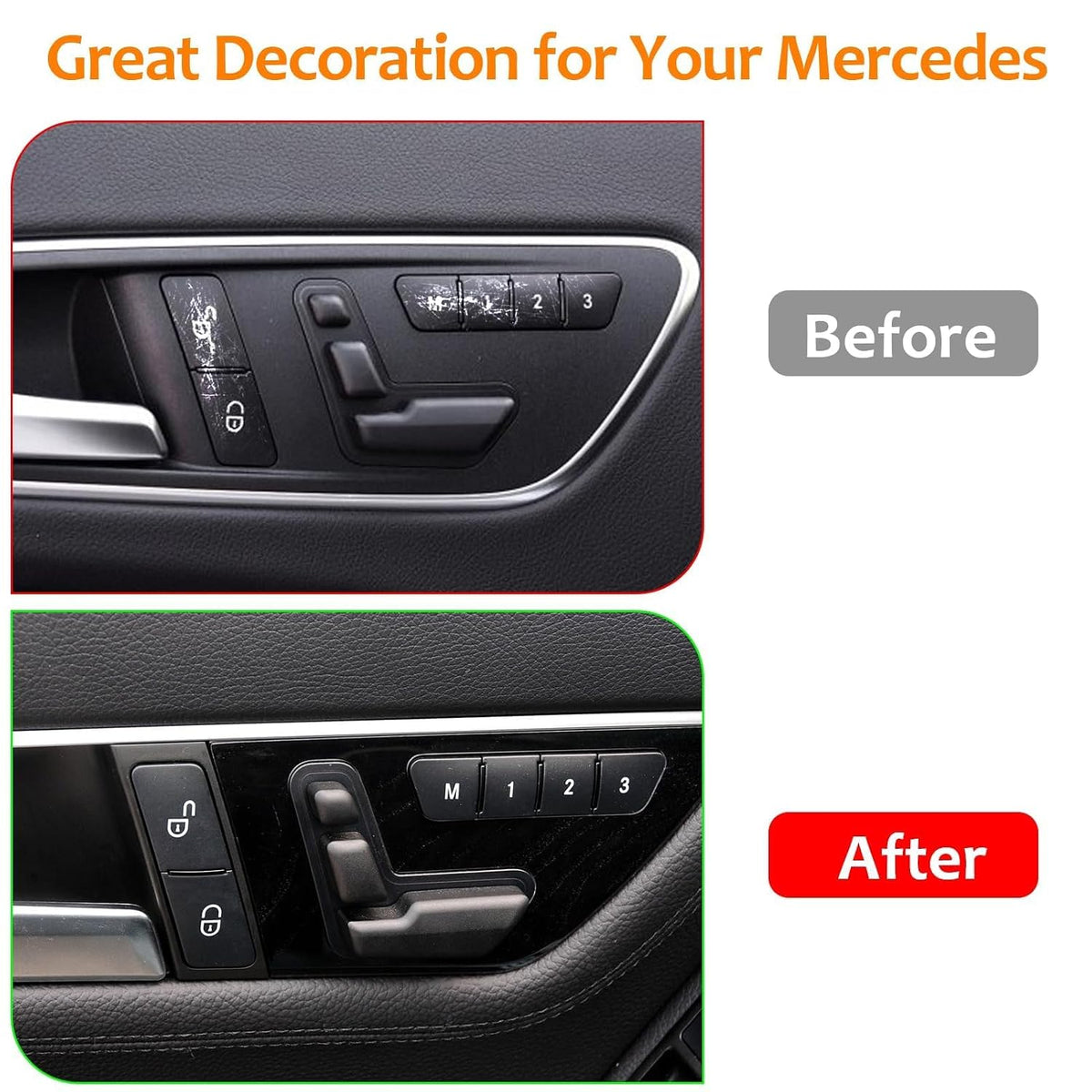 Before and after of a Mercedes door panel fitted with black seat memory and lock button covers