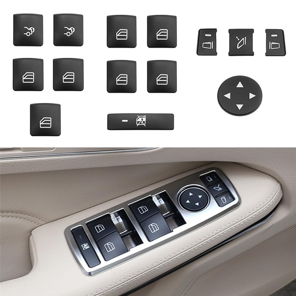 BenzUnited Parts Mercedes window lift button trim cover installed on center console easy peel and stick upgrade for C300 E350 GLK350