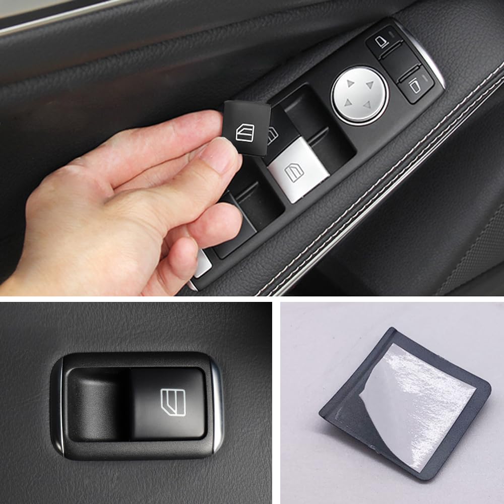 BenzUnited Parts Mercedes window lift button trim cover installed on center console easy peel and stick upgrade for C300 E350 GLK350
