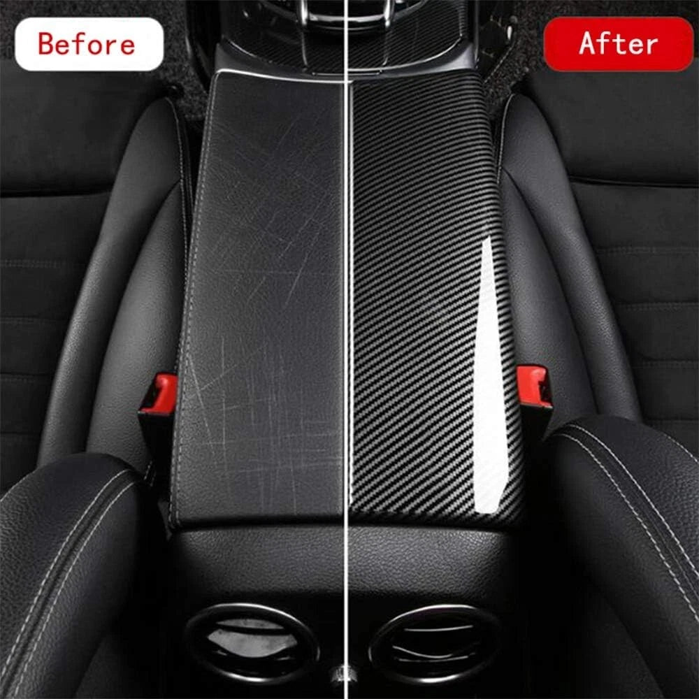 BenzUnited Parts before and after carbon fiber armrest cover upgrade Mercedes C300 W205 and GLC300 X253 transforms stock console into premium gloss carbon fiber