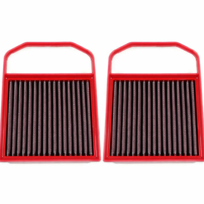 BMC performance air filter in factory airbox on Mercedes M276 twin-turbo V6 C43 AMG – retains OEM heat shielding for consistent power and better throttle response vs open intakes