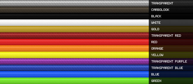 Color options for W204 stainless braided brake lines — black, carbon look, silver, gold, red, orange, yellow, purple, blue, green