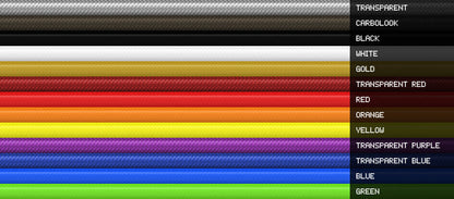 Color options for W204 stainless braided brake lines — black, carbon look, silver, gold, red, orange, yellow, purple, blue, green
