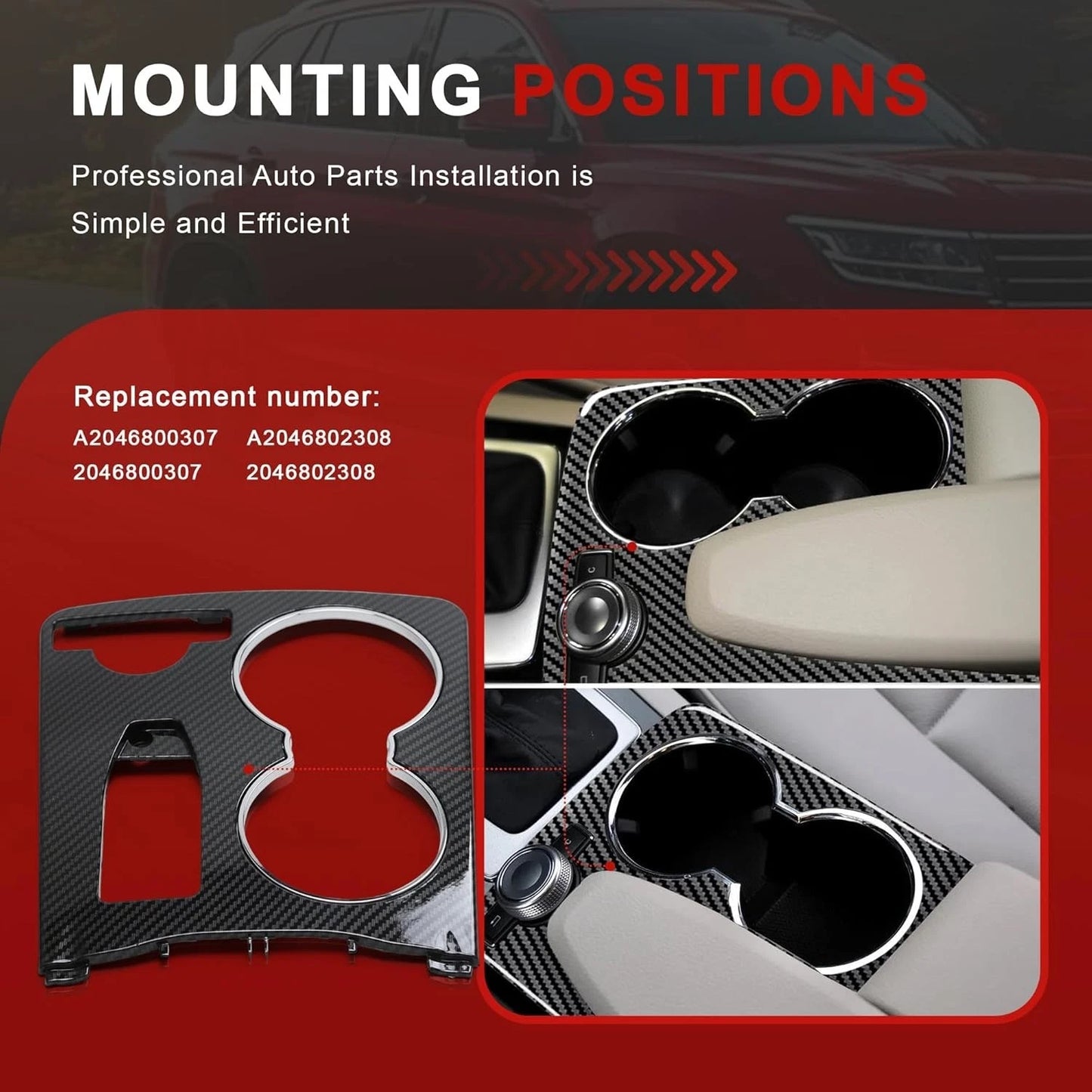 Mounting positions and fitment of carbon fiber center console cupholder trim for Mercedes C207